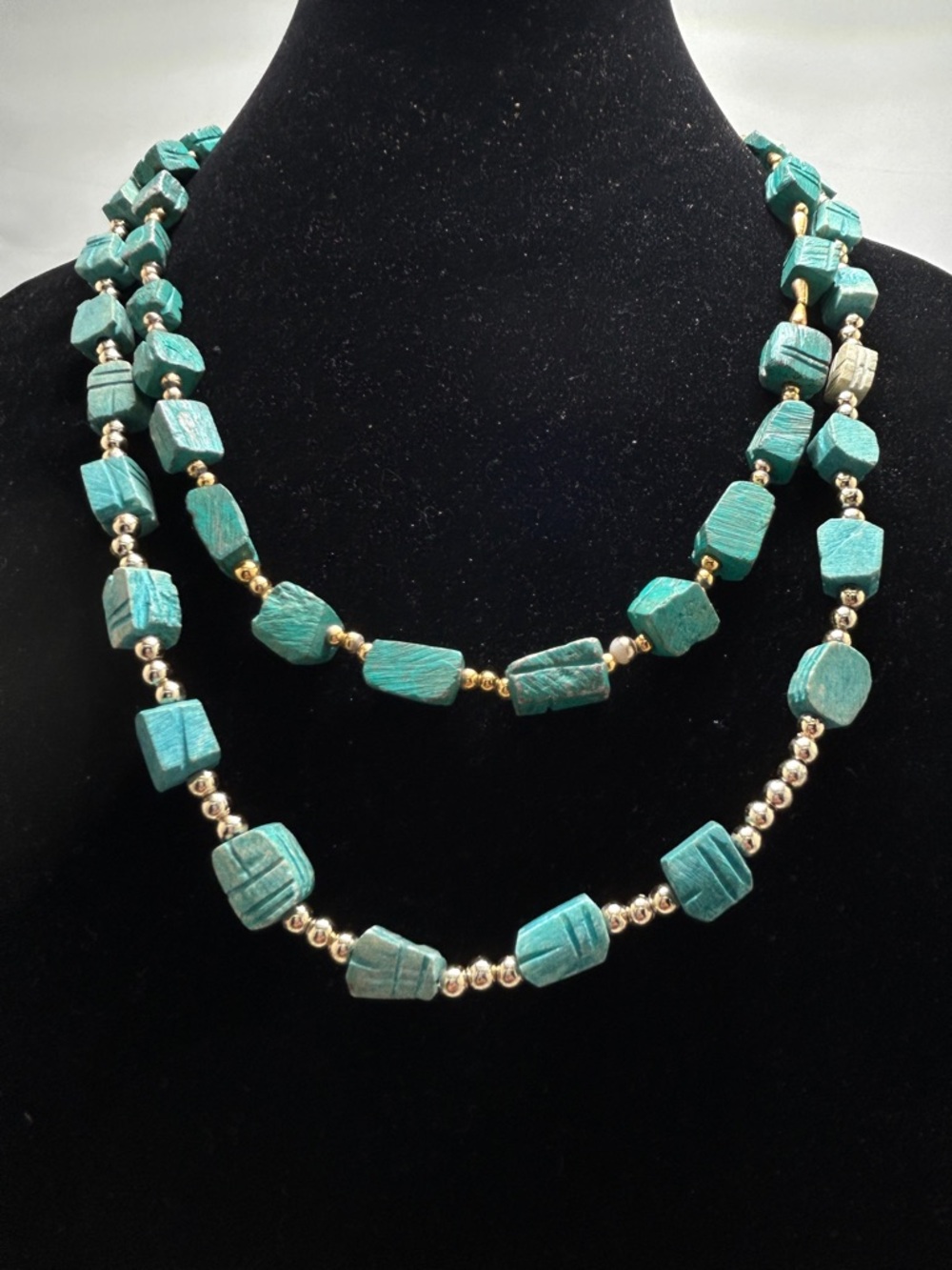 2 Gold And Turquoise Dyed Stone Necklaces, Awesome Set